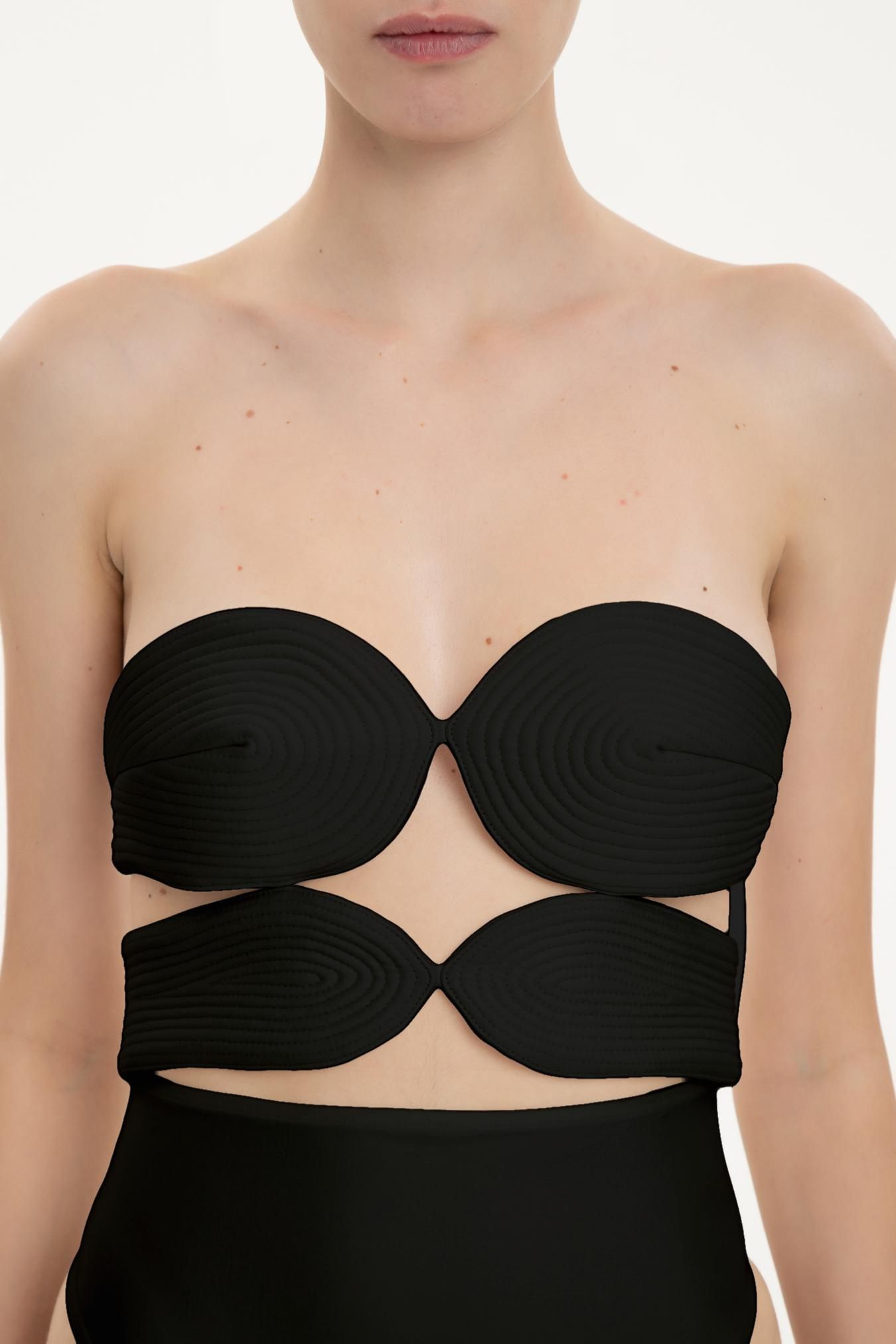 Matelasse Strapless High-Leg Swimsuit Black