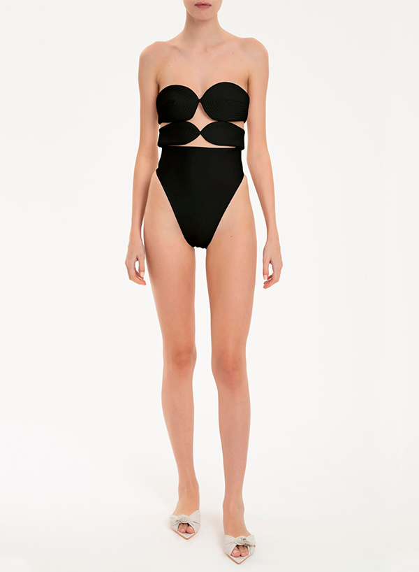 Matelasse Strapless High-Leg Swimsuit Black