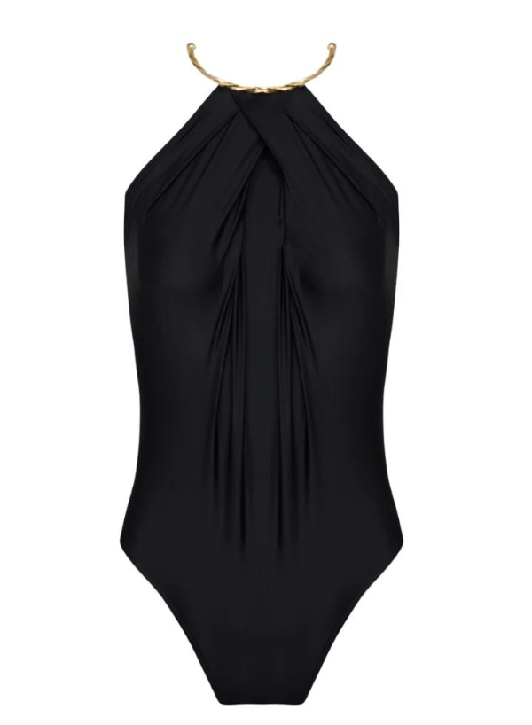Black High Neck Pleated One Piece